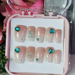 Elegant Nude Press-On Nails with Teal Accents